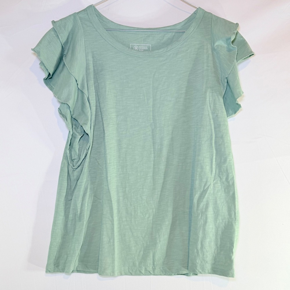 Candace Cameron Bure Women Sage Green Flutter Ruffle Sleeve Slub Knit Top Small